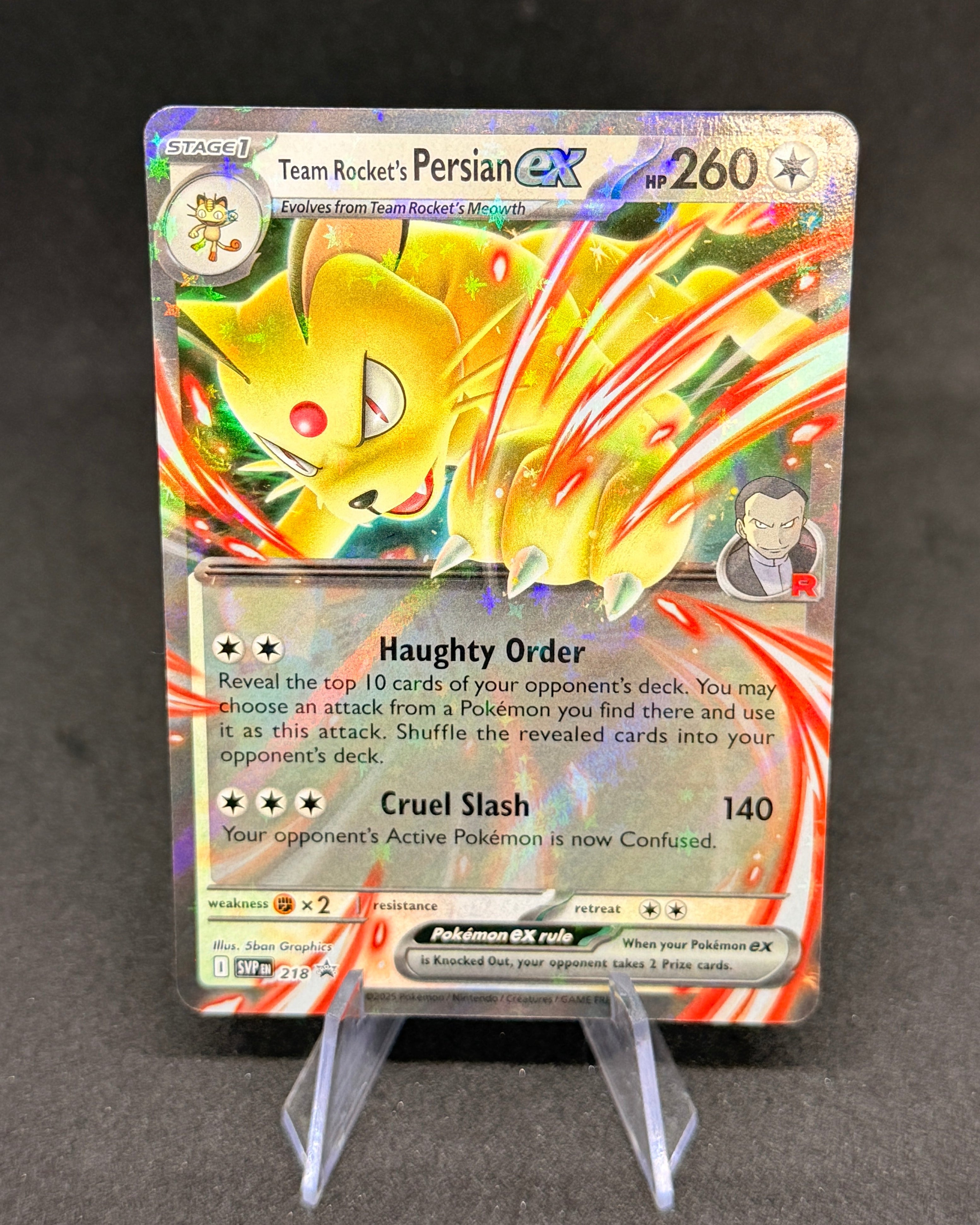 Trading card with colorful design on a dark background